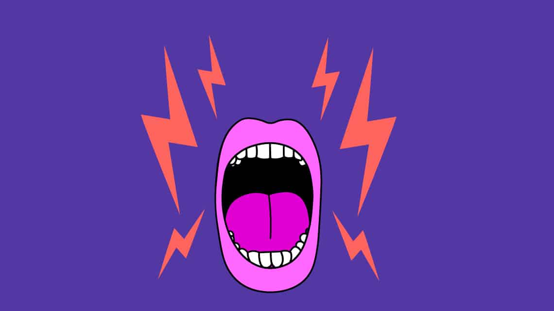 illustrated mouth yelling with lightning bolts on both sides