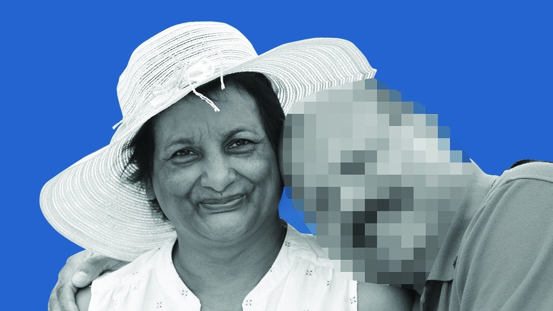 couple with man's face blurred out on facebook blue background
