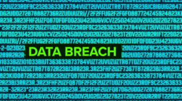 The words 'DATA BREACH' in lime green against a background of teal numbers