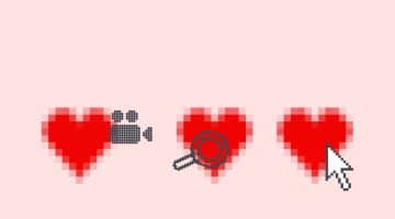 Three pixelated red hearts with a video camera icon, magnifier icon and cursor icon