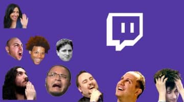 Face and icons on a purple background. Images via TwitchEmotes which is like emojis for Twitch