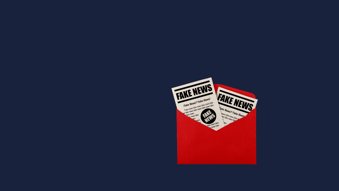 A red envelope containing two newspapers with the headline 'FAKE NEWS'